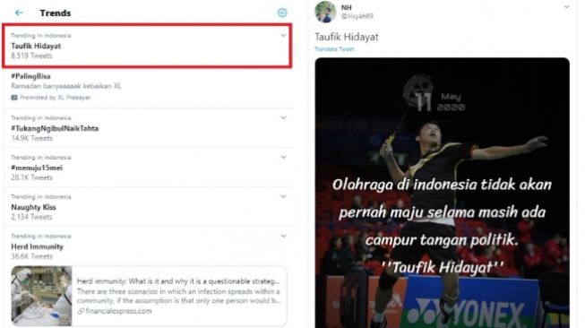 Nama Taufik Hidayat masuk daftar trending topik di Twitter pada Selasa, 12 Mei 2020 (Twitter)