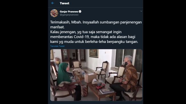 Unggahan Ganjar tentang pasangan kakek nenek yang menyumbang bantuan covid-19. (Twitter/@ganjarpranowo)