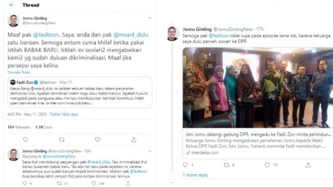 Jonru Ginting mengingatkan Fadli Zon bahwa mereka satu barisan (Twitter)