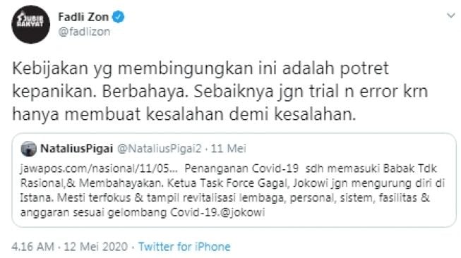 Fadli Zon kritik kebijakan usia di bawah 45 tahun boleh beraktivitas (Twitter/fadlizon)