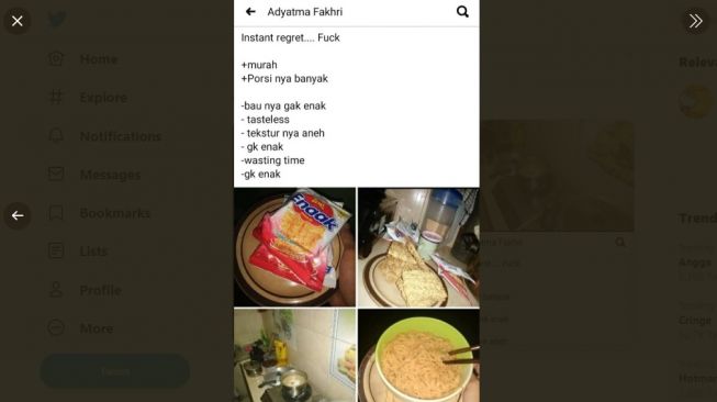 Postingan warganet memasak jajanan mie. [Twitter]