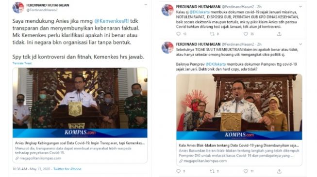 Ferdinand Hutanaean Dukung Anies Baswedan ungkap jumlah sebenarnya pasien Covid-19 (Twitter)