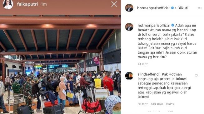 Hotman Paris soroti antrean penumpang Bandara Soetta mengular pada Kamis (14/5/2020). (Instagram/@hotmanparisofficial)