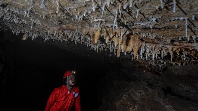 Pegiat susur goa yang tergabung Caves Society Tasikmalaya menulusuri Goa Sarongge Jompong di Kampung Jompong, Desa Mertajaya, Kecamatan Bojongasih, Kabupaten Tasikmalaya, Jawa Barat, Rabu (13/5).  [ANTARA FOTO/Adeng Bustomi]