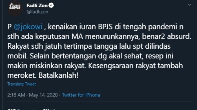 Cuitan Fadli Zon soal BPJS naik. (Twitter/@fadlizon)