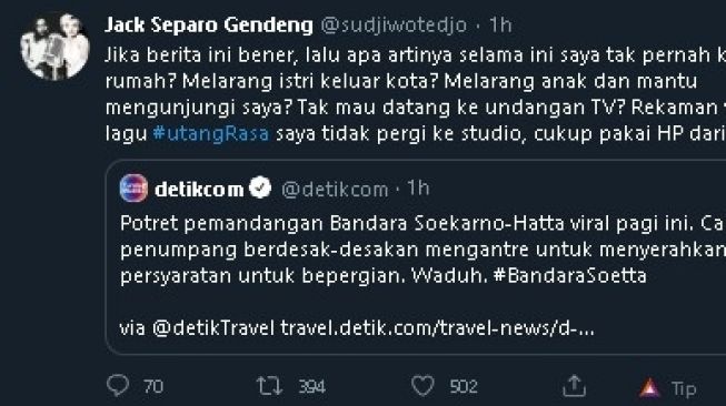 Sujiwo Tejo komentari antrean panjang calon penumpang di Bandara Soetta. (Twitter/@sudjiwotedjo)