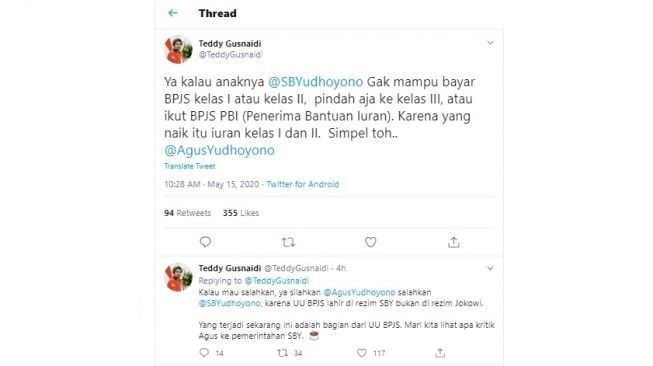 Cuitan Teddy Gusnaidi kepada AHY soal kenaikan iuran BPJS Kesehatan (Twitter)