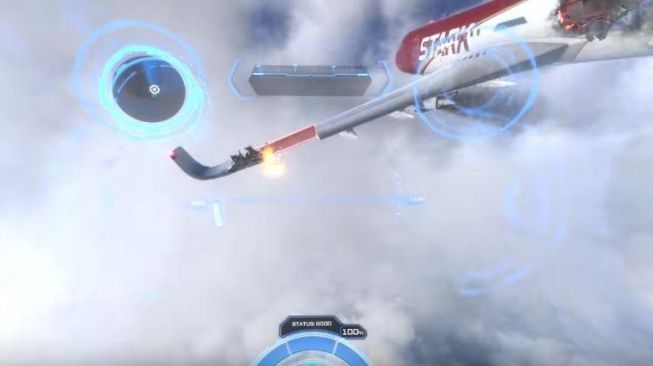 Ilustrasi tampilan saat pemain terbang di dalam game VR Iron Man. (YouTube/ Marvel Entertainment)