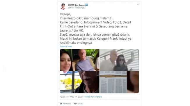 Roy Suryo mengomentari foto dan video terkait Syahrini dan Laurens (Twitter)