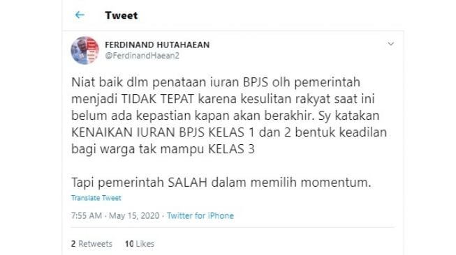 Ferdinand Hutahaean menanggapi kenaikan iuran  BPJS Kesehatan di tengah pandemi (Twitter)