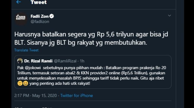 Cuitan Fadli Zon minta pemerintah batalkan proyek 5,6 T. (Twitter/@fadlizon)