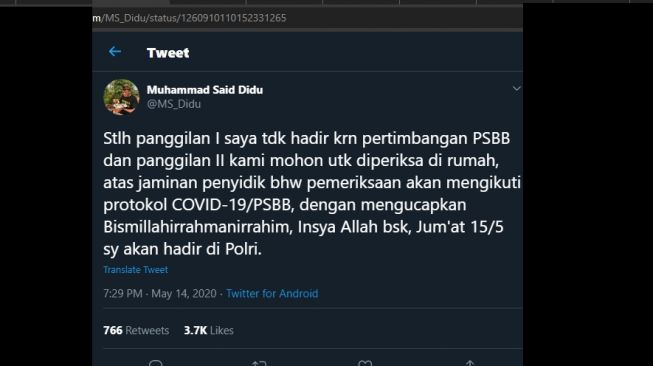 Cuitan Said Didu bilang akan memenuhi panggilan Polri 15 Mei. (Twitter/@MS_Didu)