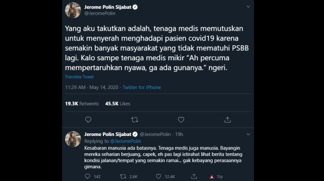 Cuitan Youtuber Jerome khawatir dengan tenaga medis. (Twitter/@JeromePolin)