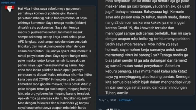 Komentar dokter atas pernyatan Indira Kalistha. (Twitter)