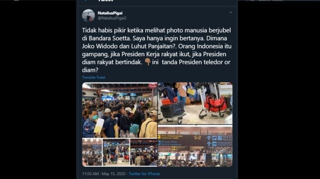 Cuitan Nataius Pigai mengetahui Bandara Soetta dipenuhi manusia di tengah PSBB. (Twitter/@NataliusPigai2)