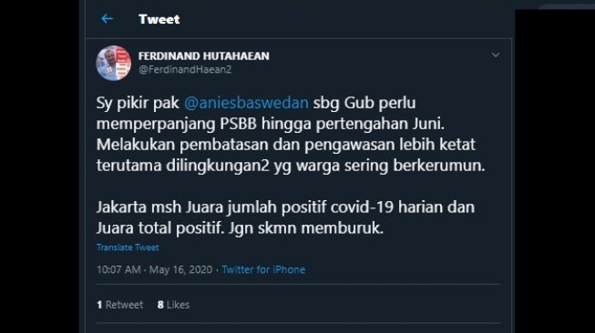 Ferdinand Hutahaean minta Anies Baswedan perpanjang PSBB. (Twitter/@FerdinandHaean2)