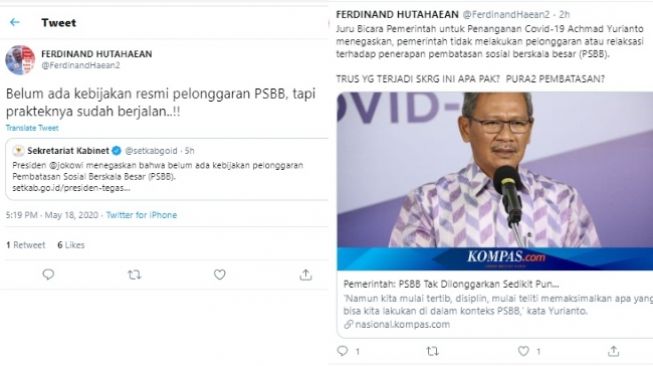 Ferdinand Hutahaean heran Jokowi sebut belum ada kebijkan pelonggaran PSBB (Twitter)