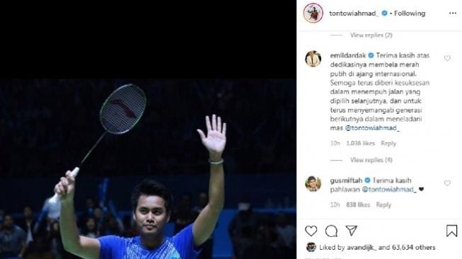 Komentar Gus Miftah dan Wakil Gubernur Jawa Timur Emil Dardak soal Tontowi Ahmad pensiun. [Instagram@tontowiahmad_]