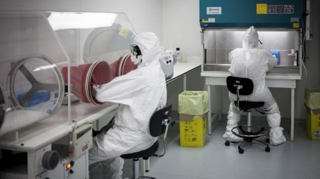 Dua ilmuwan sedang bekerja dalam laboratorium penanganan virus level III. [AFP]