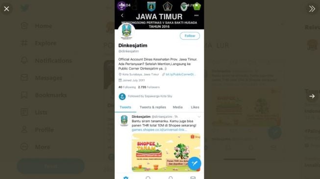 Bikin Ngakak, Akun Twitter Dinkes Jatim Salah Unggah Permainan E-Commerce