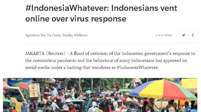 Indonesia terserah sampai disorot media asing. (Tangkapan layar Reuters)