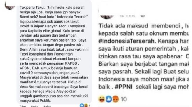 Cuitan pengguna akun Facebook yang menghina tenaga medis. (Twitter)