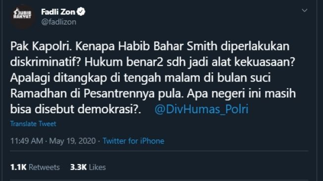 Cuitan Fadli Zon yang menyebut penangkapan Habib Bahar diskriminatif. (Twitter/@fadlizon)