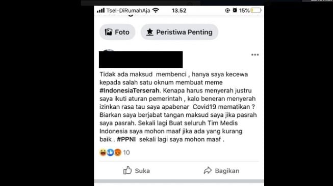 Permohonan maaf atas status yang menyepelekan ekspresi tenaga medis. (Facebook)