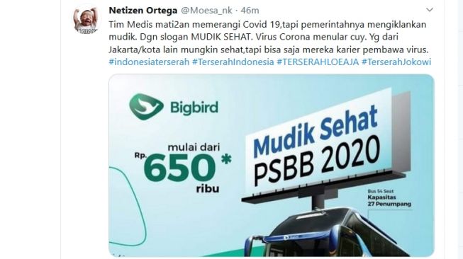 Blue Bird, lewat Bigbird pasarkan Mudik Sehat 2020, di saat pandemi Covid-19 di Indonesia [Twitter: @Moesa_nk].