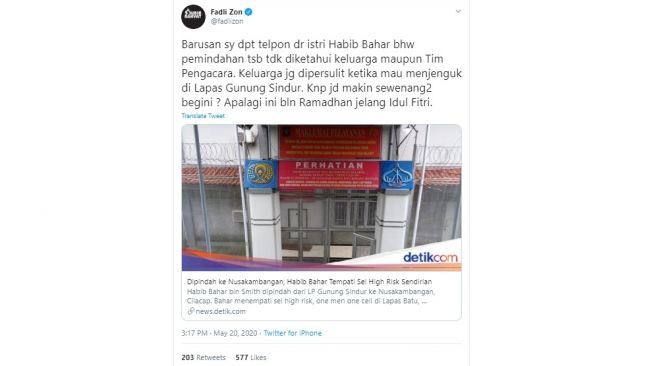 Fadli Zon Ditelepon Istri Habib Bahar (Twitter)