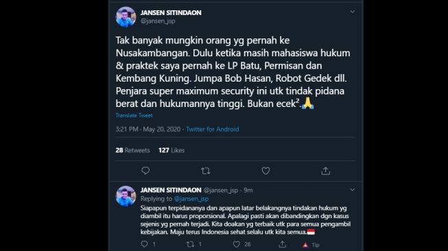 Cuitan Jansen Sitindaon soal Lapas Nusakambangan. (Twitter/@jansen_jsp