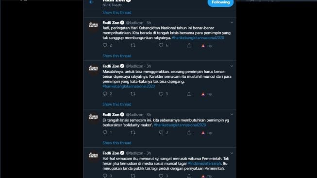 Cuitan Fadli Zon di Hari Kebangkitan Nasional. (Twitter/@fadlizon)