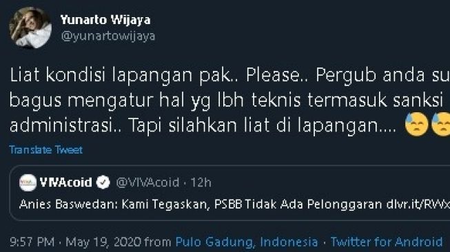 Yunarto Wijaya kritik Anies Baswedan yang tegas ogah melonggarkan PSBB. (Twitter/@YunartoWijaya)