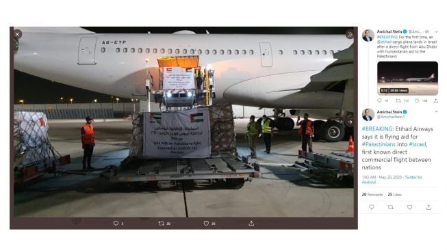 Pesawat Etihad mendarat pertama kalinya di Israel untuk membawa bantuan.[Twitter/@AmichaiStein1]