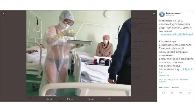 Viral foto seorang perawat yang hanya mengenakan pakaian dalam di balik APD-nya.[Twitter/@newstula]