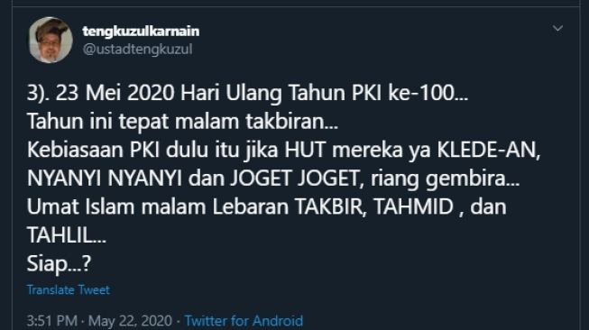 Cuitan Tengku Zul soal malam takbiran yang bertepatan dengan ultah PKI. (Twitter/@ustadtengkuzul)