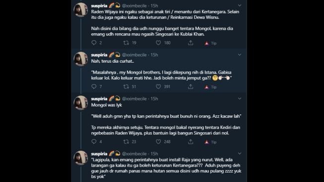 Kultwit kocak soal Majapahit dan tentara Mongol. (Twitter/@xximbecile)