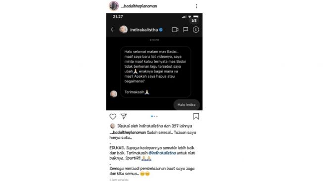 Postingan permintaan maaf Indira Kalistha. [Instagram]