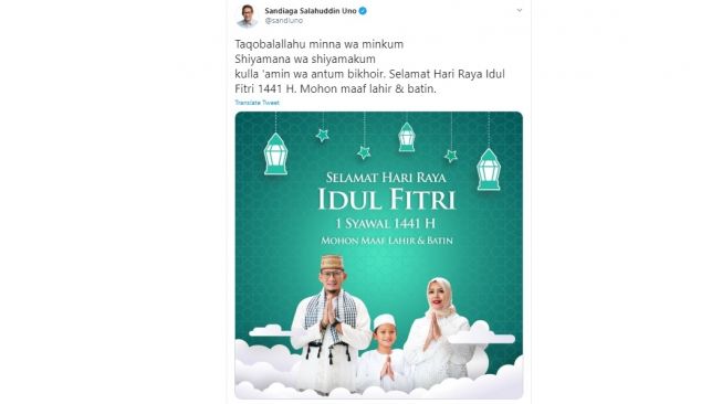 Ucapan Selamat Idul Fitri 1441 H dari Sandiaga Uno (Twitter)