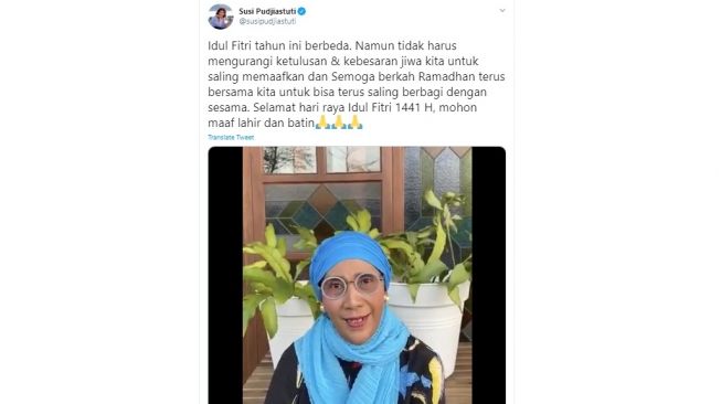 Ucapan Selamat Idul Fitri 1441 H dari Susi Pudjiastuti (Twitter)