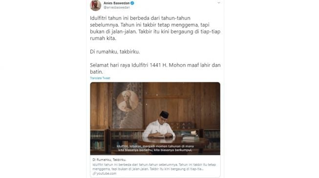 Ucapan Selamat Idul Fitri 1441 H dari Anies Baswedan (Twitter)