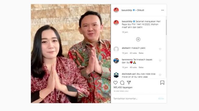 Ucapan Selamat Idul Fitri 1441 H dari Basuki Tjahaja Purnama alias Ahok (Instagram)