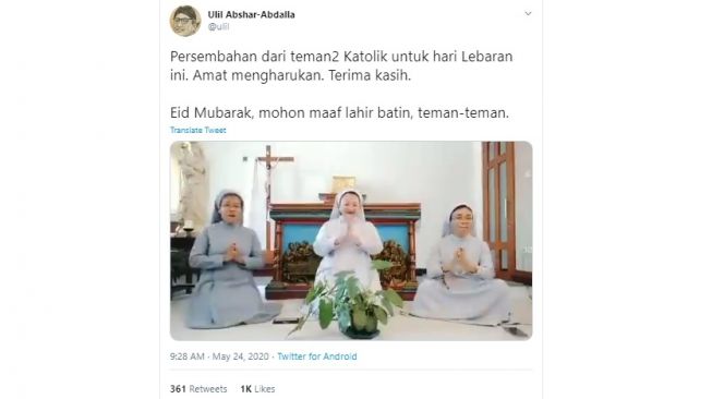 Viral biarawati nyanyi lagu Idul Fitri (Twitter)