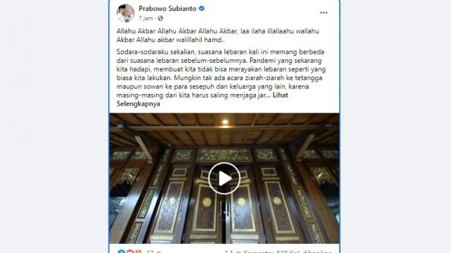 Ucapan Selamat Idul Fitri 1441 H dari Prabowo Subianto (Facebook)