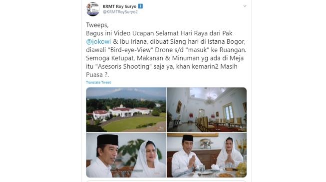 Roy Suryo menyoroti ketupat dalam video ucapan Selamat Idul Fitri dari Jokowi (Twitter)