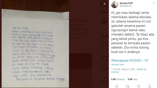 Postingan warganet kisah pilu diisolasi Covid-19. [Twitter]