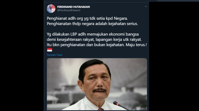 Cuitan Ferdinand Hutahaean membela Luhut Binsar Pandjaitan. (Twitter/@FerdinandHaean2)