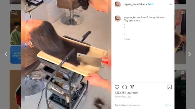 Aksi potong rambut pakai pisau daging. (Instagram/@ragam_kecantikan)