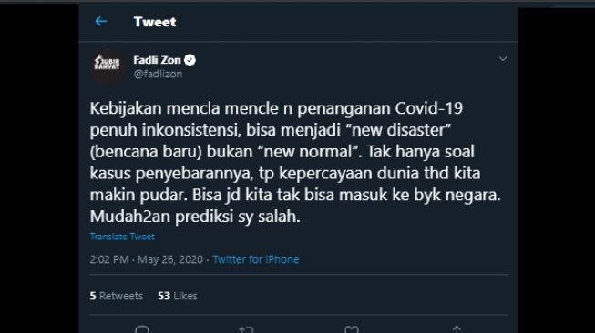 Cuitan Fadli Zon soal new normal dan new disaster. (Twitter/@fadlizon)