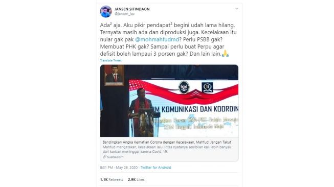 Komentar Jansen Sitindaon terkait pernyataan Mahfud MD yang membandingkan kematian corona dengan kecelakaan (Twitter)